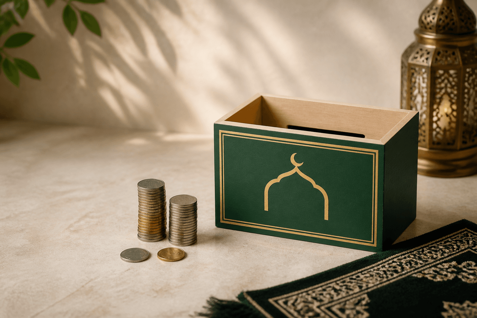 quiet donation box and coins in soft morning light — Zakat on Debt: How Liabilities Change Your Net Wealth