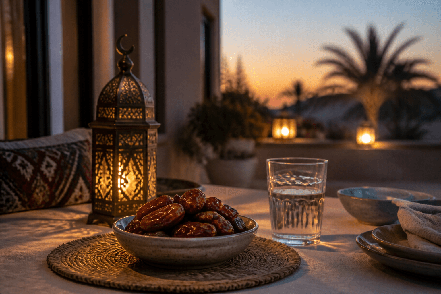 simple iftar table with dates and warm lantern light — Zakat on Debt: How Liabilities Change Your Net Wealth