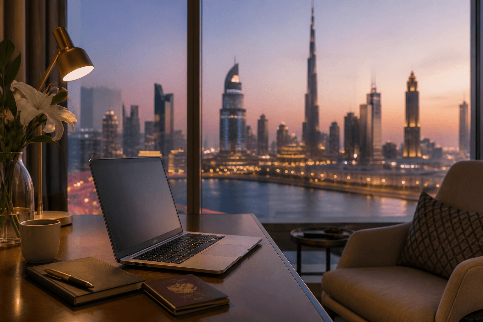hotel desk laptop overlooking a soft Gulf city dusk skyline — How to Earn Around ₹800 a Day with ChatGPT: 6 Freelance Ideas in India