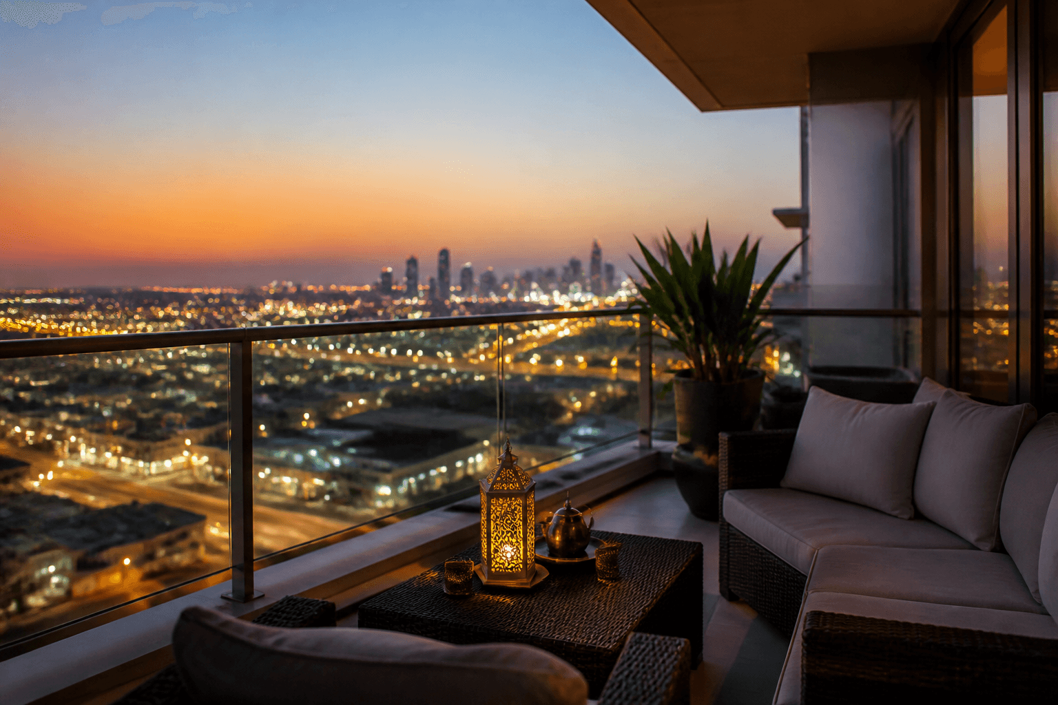 apartment balcony looking over warm Gulf city lights at dusk — Small Business Setup Basics in Saudi Arabia: Offer, Licence Path & Customers
