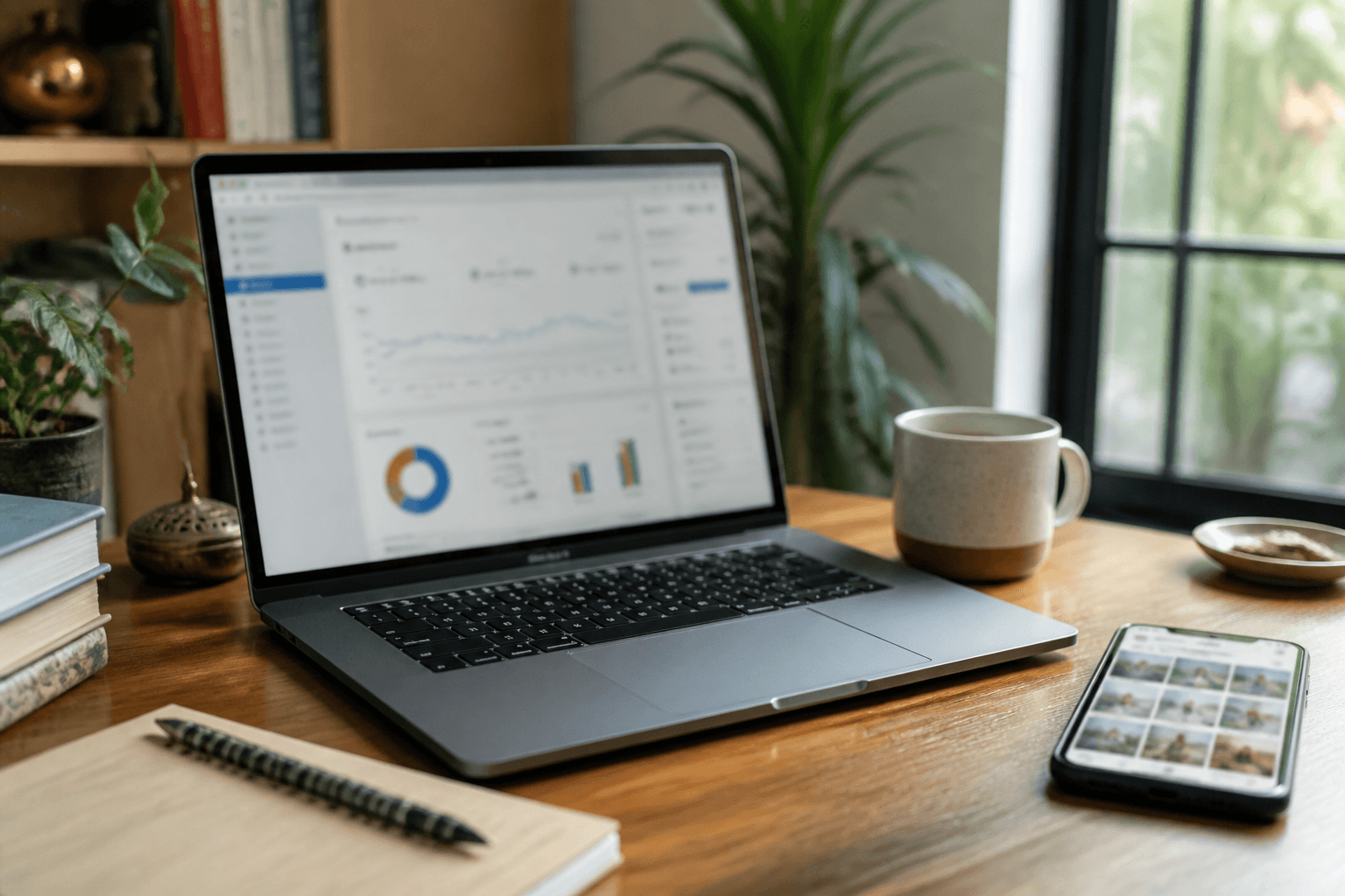 laptop showing soft-focus social analytics on a sunlit desk — How to Start an AI Social Media Marketing Agency with ₹0 Investment (Toward ₹…