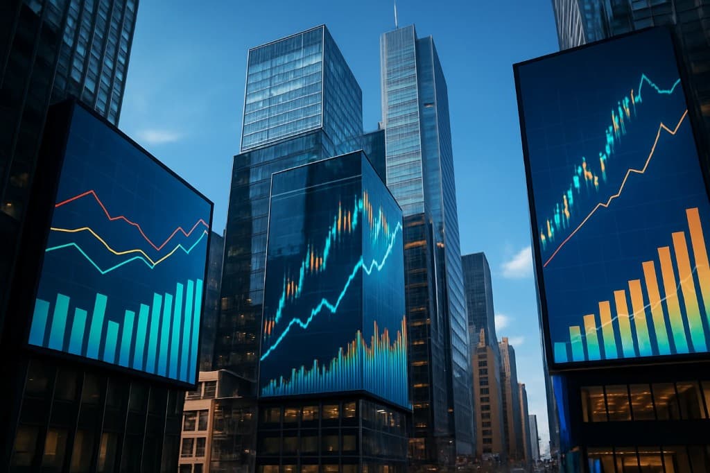 Glass skyscrapers at dusk with digital billboards showing economic charts and market graphs