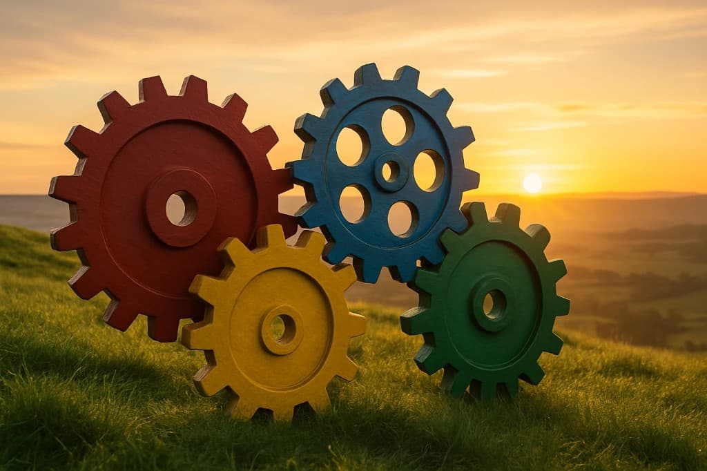 Four large colorful wooden gears interlocked on a grassy hill at sunrise