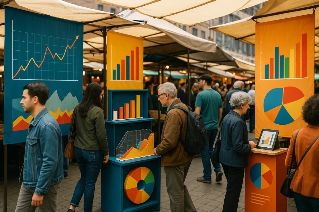 Outdoor market stalls displaying large banners and kiosks of economic charts, bar graphs, and pie charts