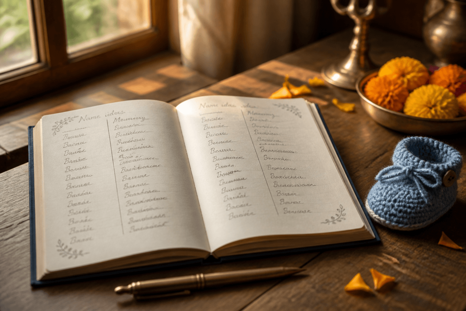 Open notebook for baby name ideas with a brass pen, blue bootie, and marigold petals on a wooden table