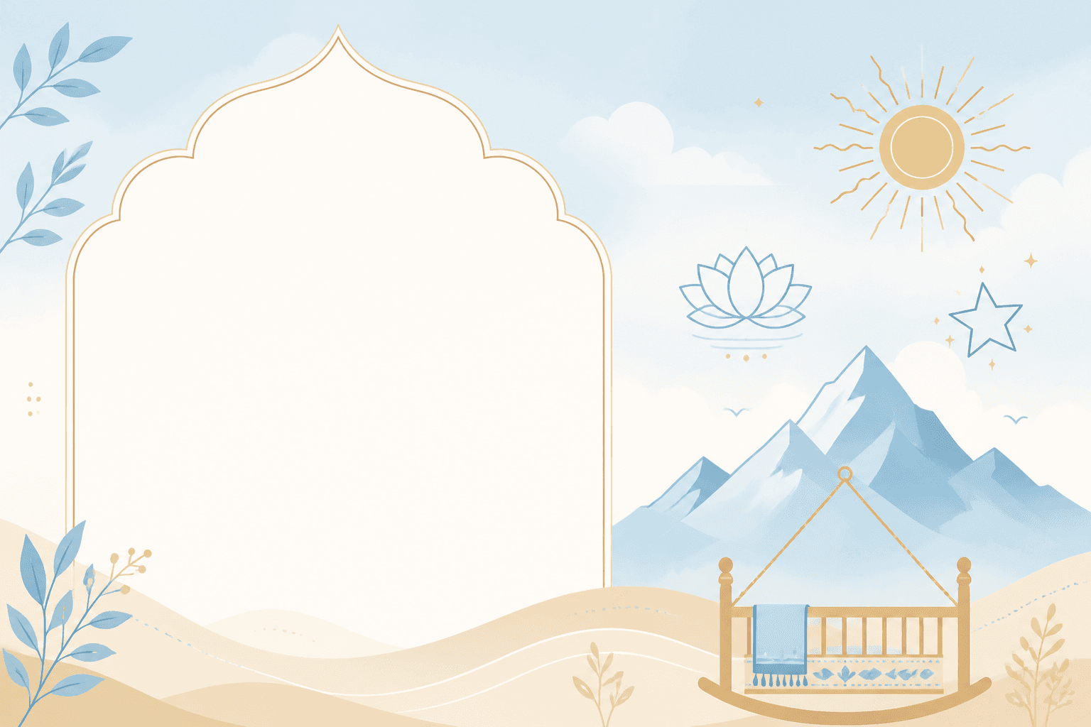 Soft blue and sand illustration with sun, lotus, star, mountain, and cradle motifs for Indian baby boy names