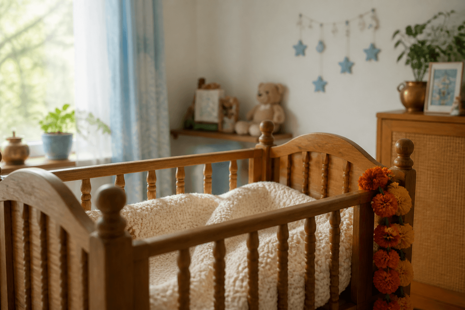 Soft morning light over an empty wooden cradle with a cream knitted blanket in a calm nursery