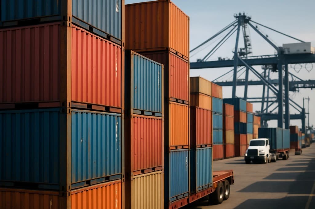 Shipping containers stacked at a busy port with trucks and gantry cranes