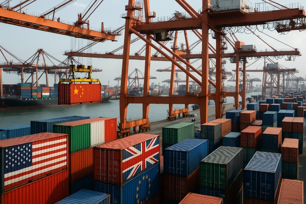Port containers marked with national flags including the U.S., UK, EU, Italy, and China being lifted by cranes