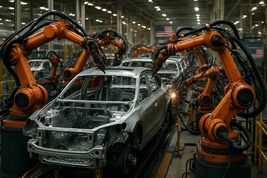 Orange industrial robots welding silver car frames on a U.S. automotive assembly line